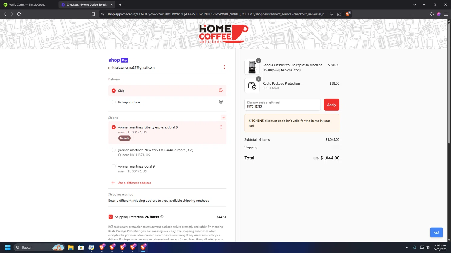 Home Coffee Solutions discount code screenshot showing code KITCHEN5 applied at Home Coffee Solutions checkout page. Uploaded by SimplyCodes community member CashSage1885 on Jun 24, 2025