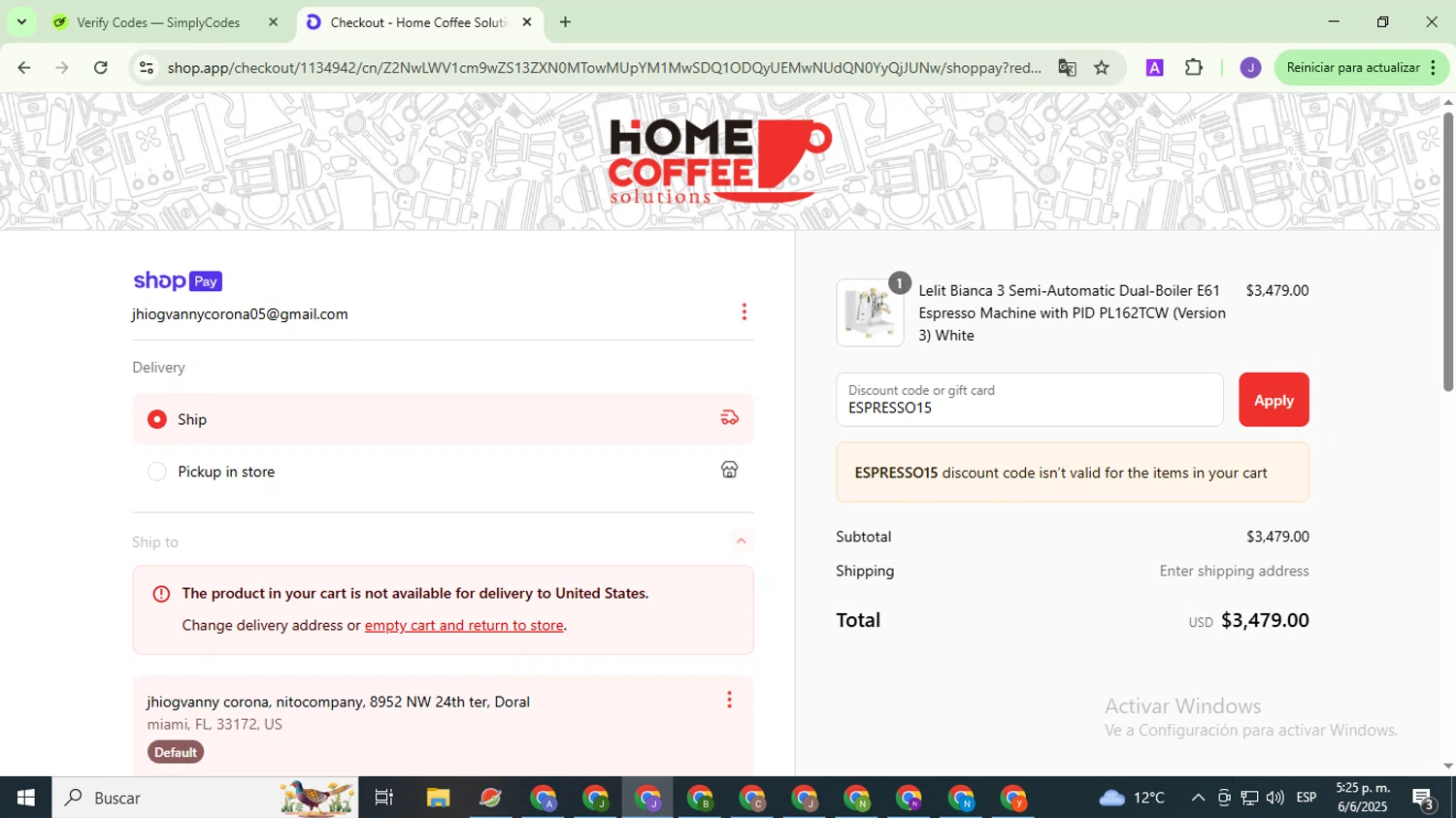 Home Coffee Solutions discount code screenshot showing code ESPRESSO15 applied at Home Coffee Solutions checkout page. Uploaded by SimplyCodes community member PromoHunter9043 on Jun 6, 2025