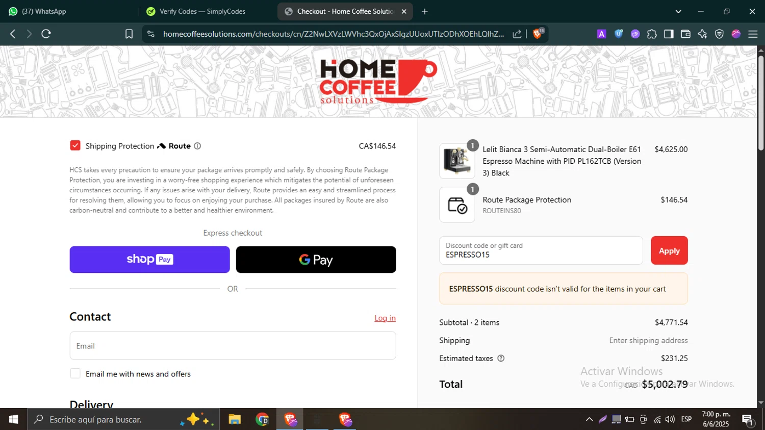 Home Coffee Solutions discount code screenshot showing code ESPRESSO15 applied at Home Coffee Solutions checkout page. Uploaded by SimplyCodes community member SwiftTracker9305 on Jun 6, 2025