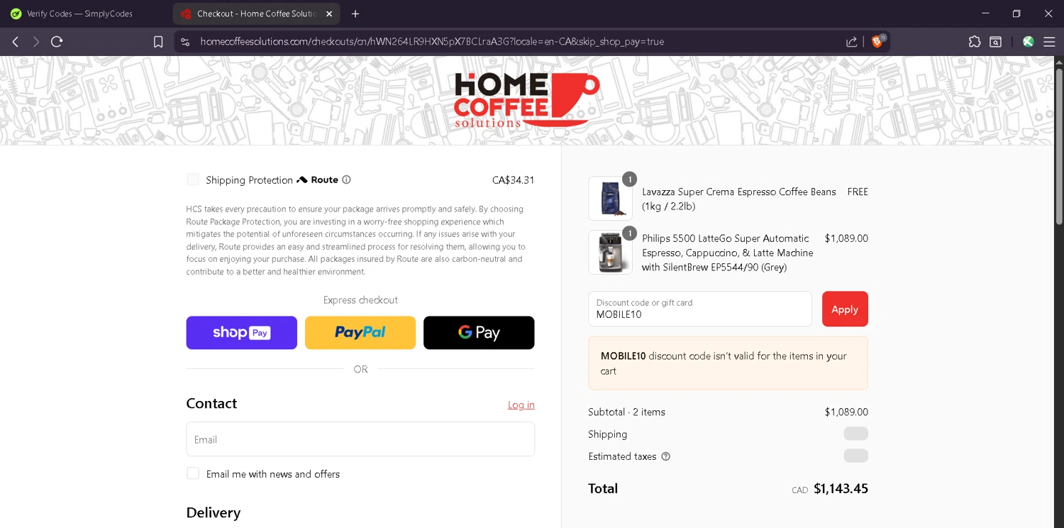 Home Coffee Solutions discount code screenshot showing code MOBILE10 applied at Home Coffee Solutions checkout page. Uploaded by SimplyCodes community member Estefani4 on Aug 22, 2025