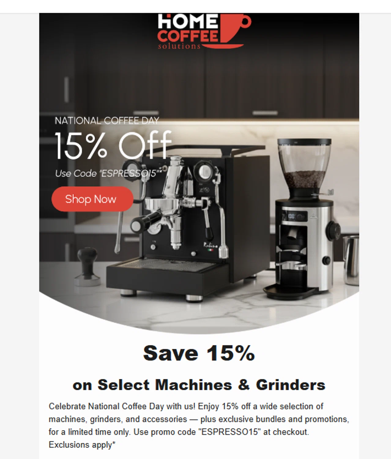 Home Coffee Solutions discount code screenshot showing code ESPRESSO15 applied at Home Coffee Solutions checkout page. Uploaded by SimplyCodes community member juanjose on Sep 29, 2025