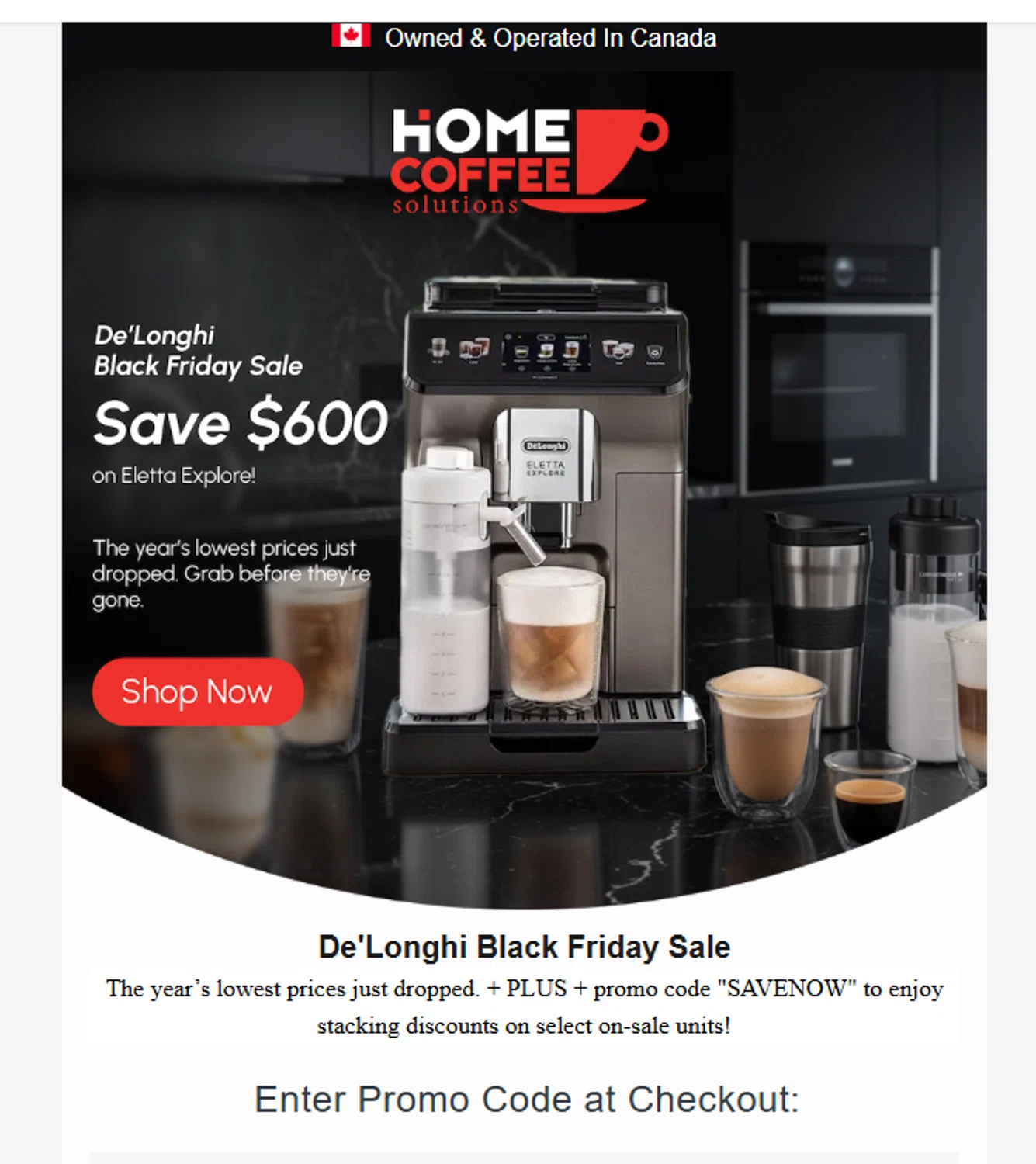 Home Coffee Solutions discount code screenshot showing code SAVENOW applied at Home Coffee Solutions checkout page. Uploaded by SimplyCodes community member valeriaantonieta on Nov 15, 2025