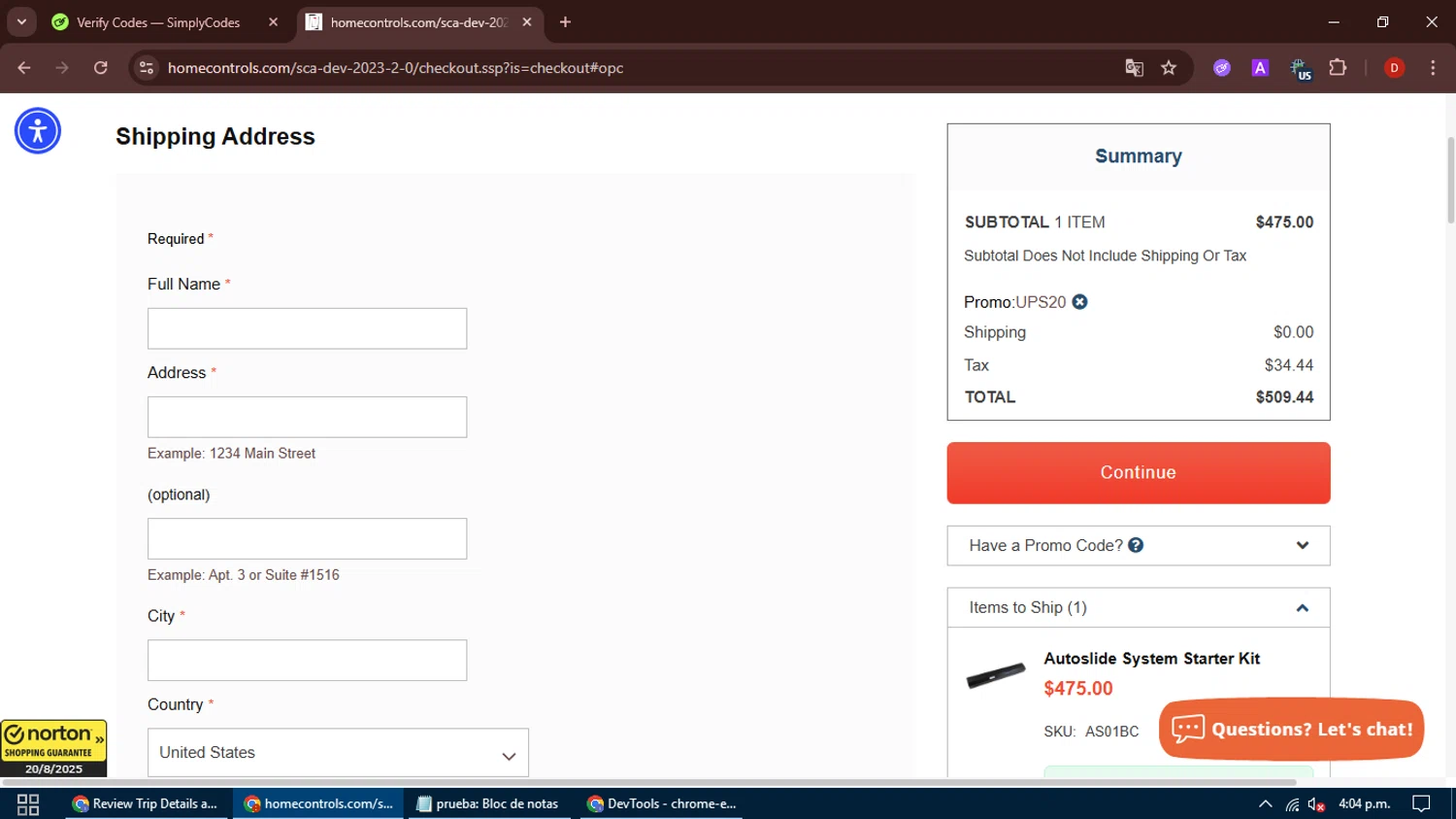 Home Controls promo code screenshot showing code UPS20 applied at Home Controls checkout page. Uploaded by SimplyCodes community member PeachPrincesa on Aug 20, 2025