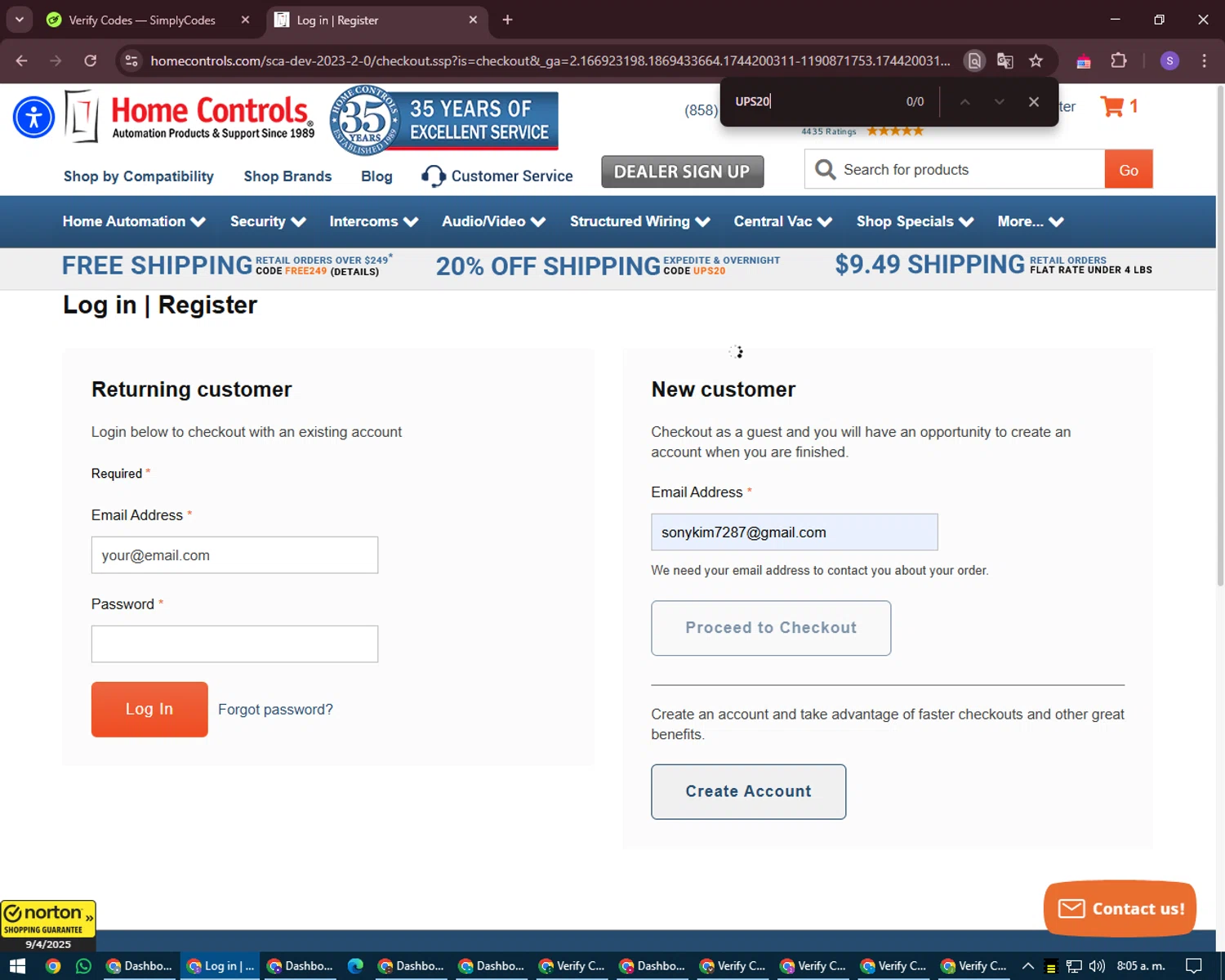 Home Controls promo code screenshot showing code UPS20 applied at Home Controls checkout page. Uploaded by SimplyCodes community member LuckyVoyager688 on Apr 9, 2025