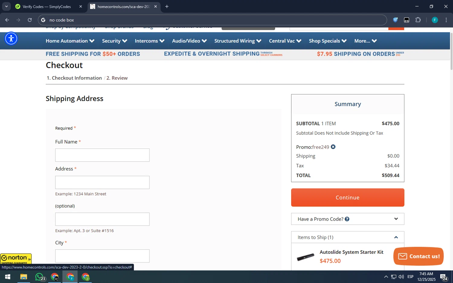 Home Controls promo code screenshot showing code free249 applied at Home Controls checkout page. Uploaded by SimplyCodes community member ArizaJuan on Dec 25, 2025