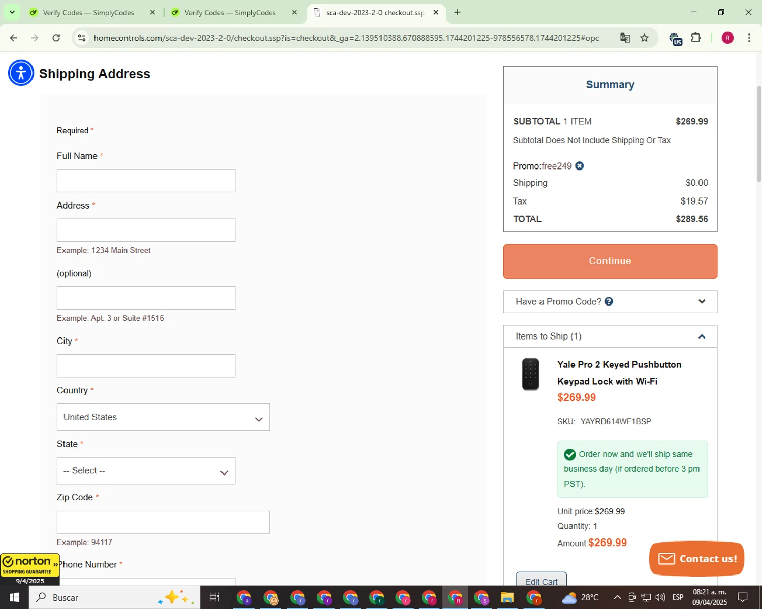 Home Controls promo code screenshot showing code free249 applied at Home Controls checkout page. Uploaded by SimplyCodes community member BonusGuardian1649 on Apr 9, 2025