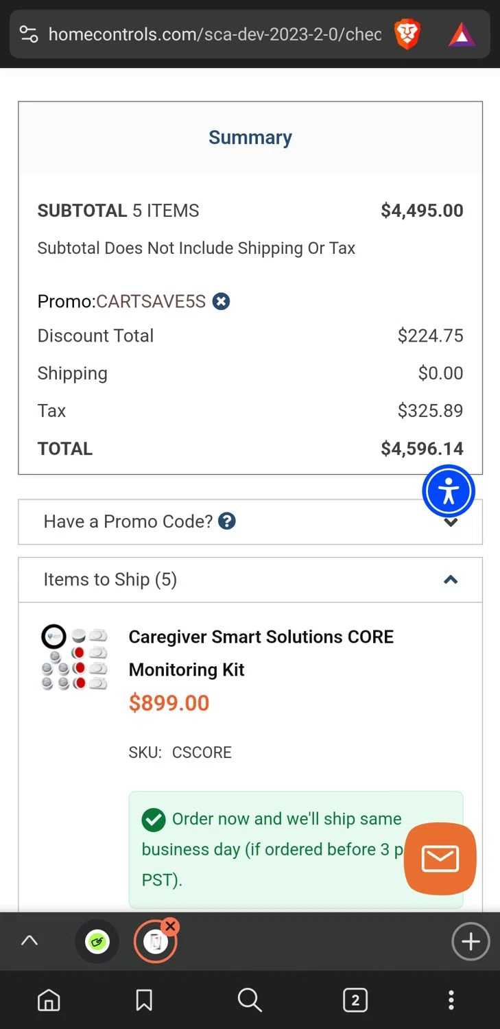 Home Controls promo code screenshot showing code CARTSAVE5S applied at Home Controls checkout page. Uploaded by SimplyCodes community member xxdddd on Feb 11, 2025