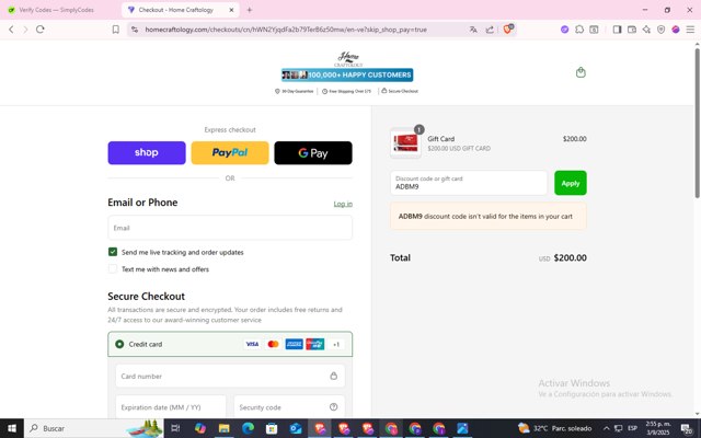 Home Craftology checkout page showing Home Craftology coupon code box | Screenshot taken by SimplyCodes community member on Sep 3, 2025