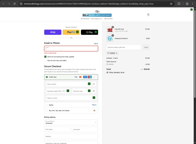 Home Craftology checkout page showing Home Craftology coupon code box | Screenshot taken by SimplyCodes community member on Sep 3, 2025
