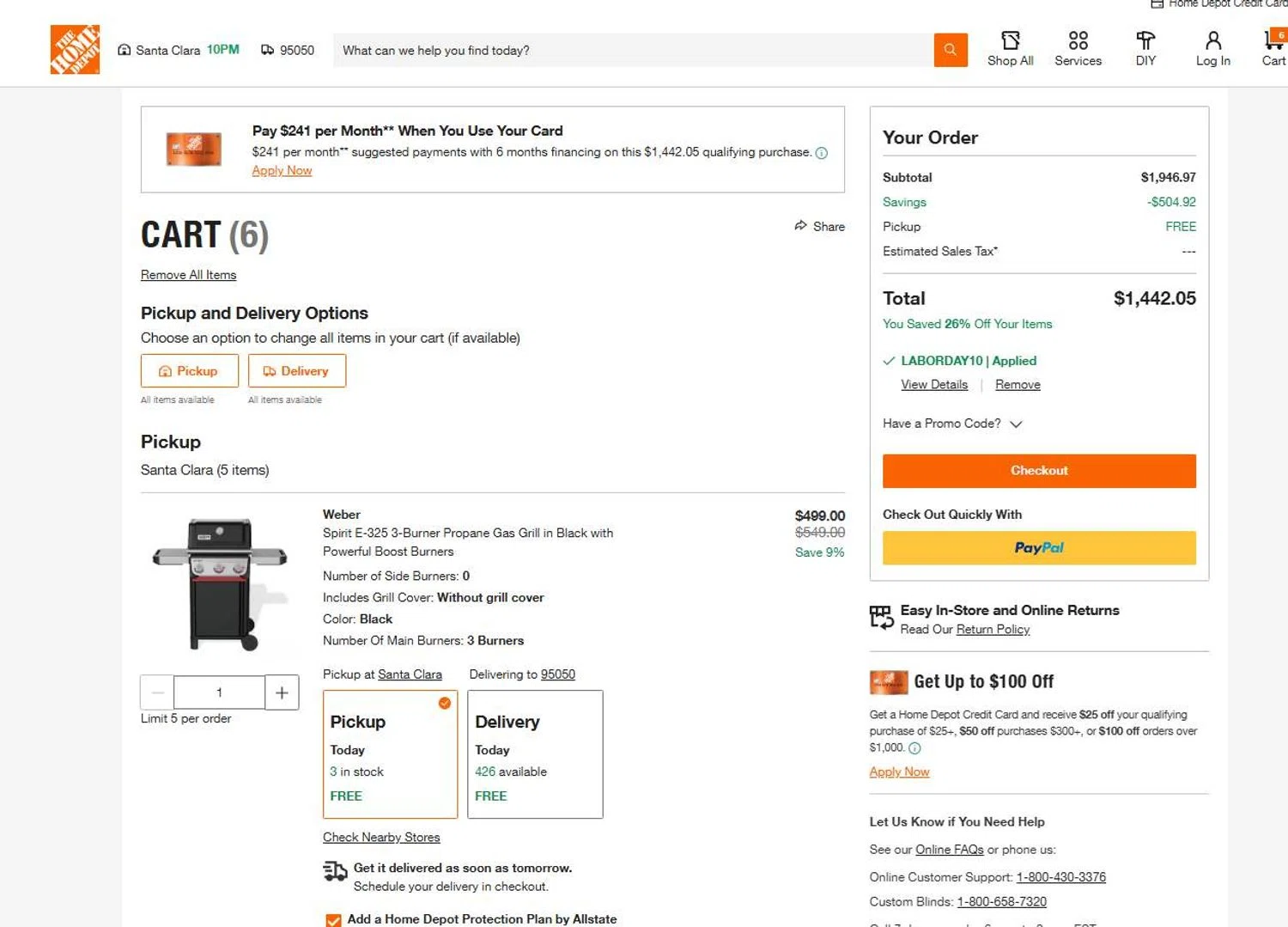 Home Depot promo code screenshot showing code LABORDAY10 applied at Home Depot checkout page. Uploaded by SimplyCodes community member 6d796e616d656973 on Aug 25, 2025