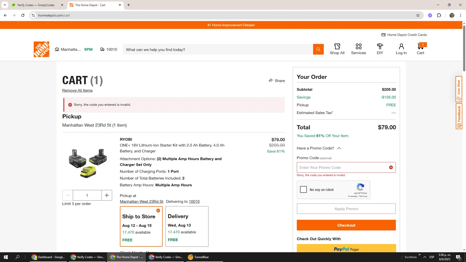 Home Depot promo code screenshot showing code craz50$$ applied at Home Depot checkout page. Uploaded by SimplyCodes community member Phoenix585 on Aug 8, 2025