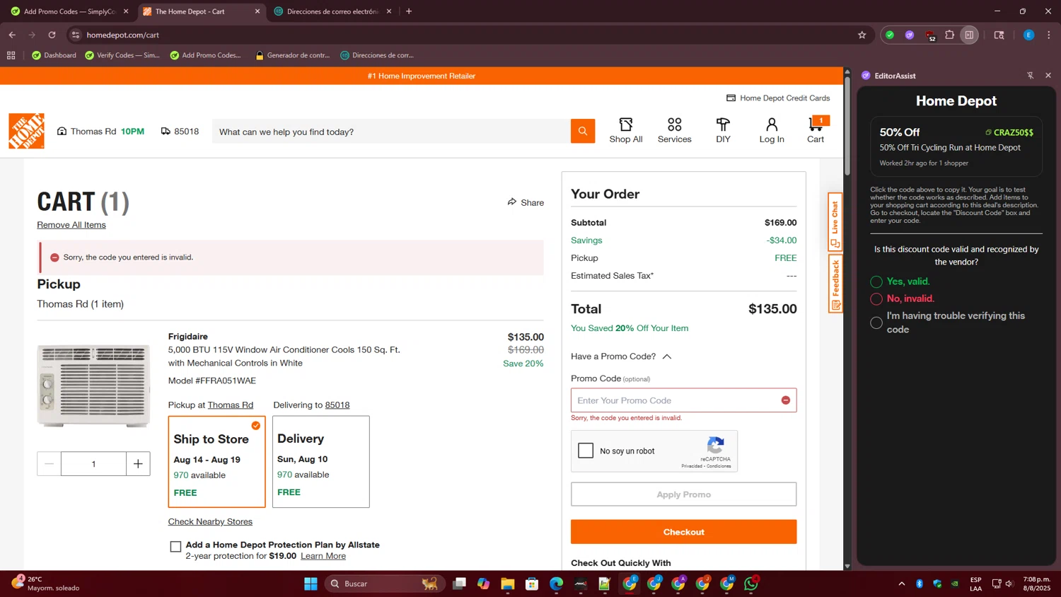 Home Depot promo code screenshot showing code craz50$$ applied at Home Depot checkout page. Uploaded by SimplyCodes community member WiseMaven8415 on Aug 8, 2025