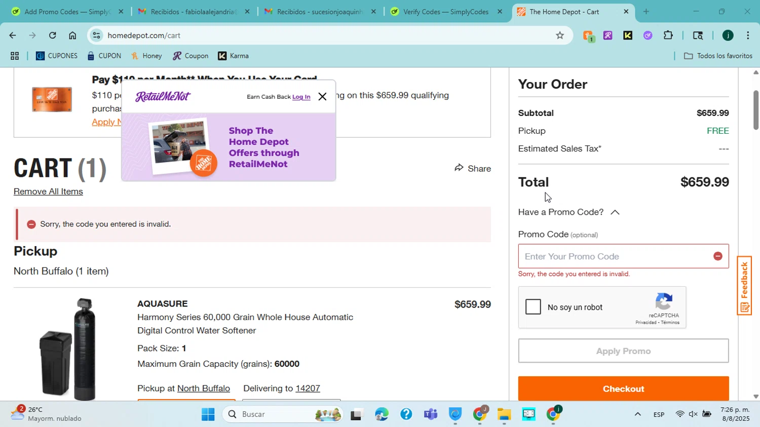 Home Depot promo code screenshot showing code craz50$$ applied at Home Depot checkout page. Uploaded by SimplyCodes community member jorgejavierherrera on Aug 8, 2025