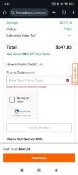 Home Depot coupon verification screenshot