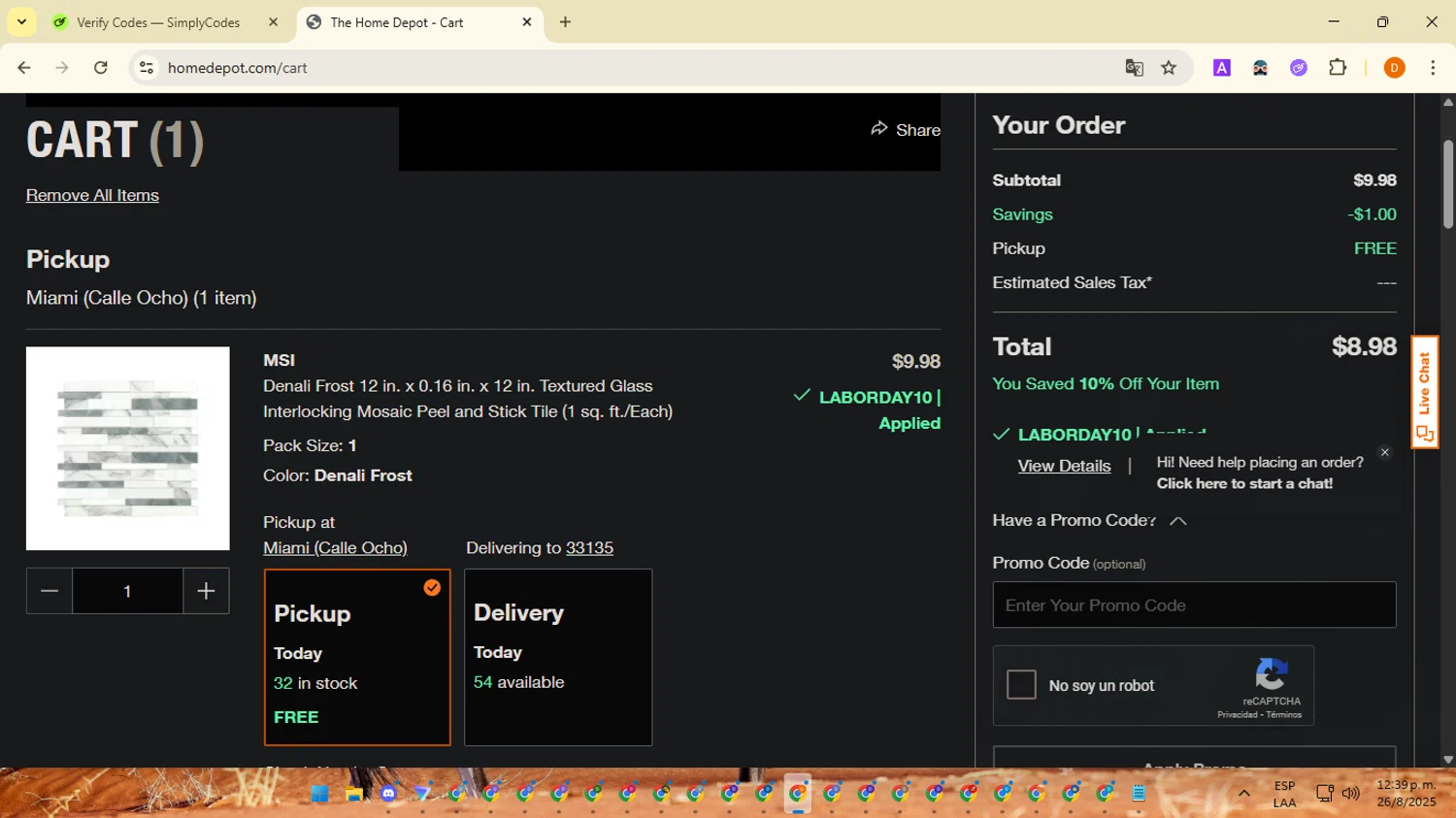 Home Depot promo code screenshot showing code LABORDAY10 applied at Home Depot checkout page. Uploaded by SimplyCodes community member SavingsMaverick3203 on Aug 26, 2025