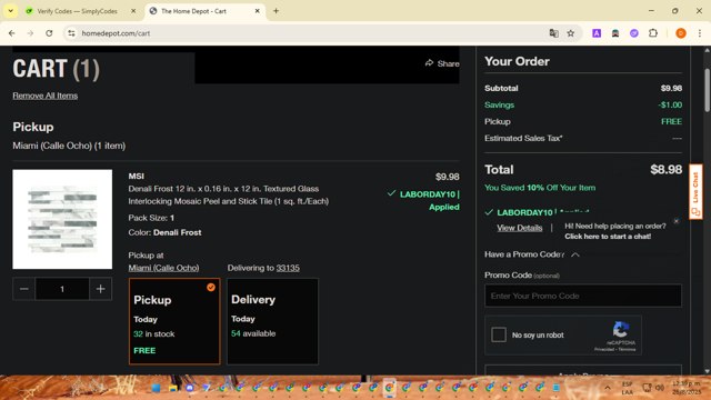 Home Depot checkout page showing Home Depot promo code box | Screenshot taken by SimplyCodes community member on Aug 26, 2025
