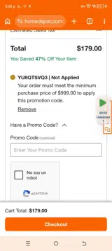 Home Depot coupon verification screenshot