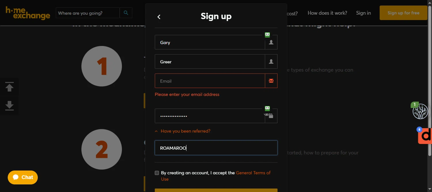 HomeExchange.com promo code screenshot showing code ROAMAROO applied at HomeExchange.com checkout page. Uploaded by SimplyCodes community member 111111 on Apr 22, 2025
