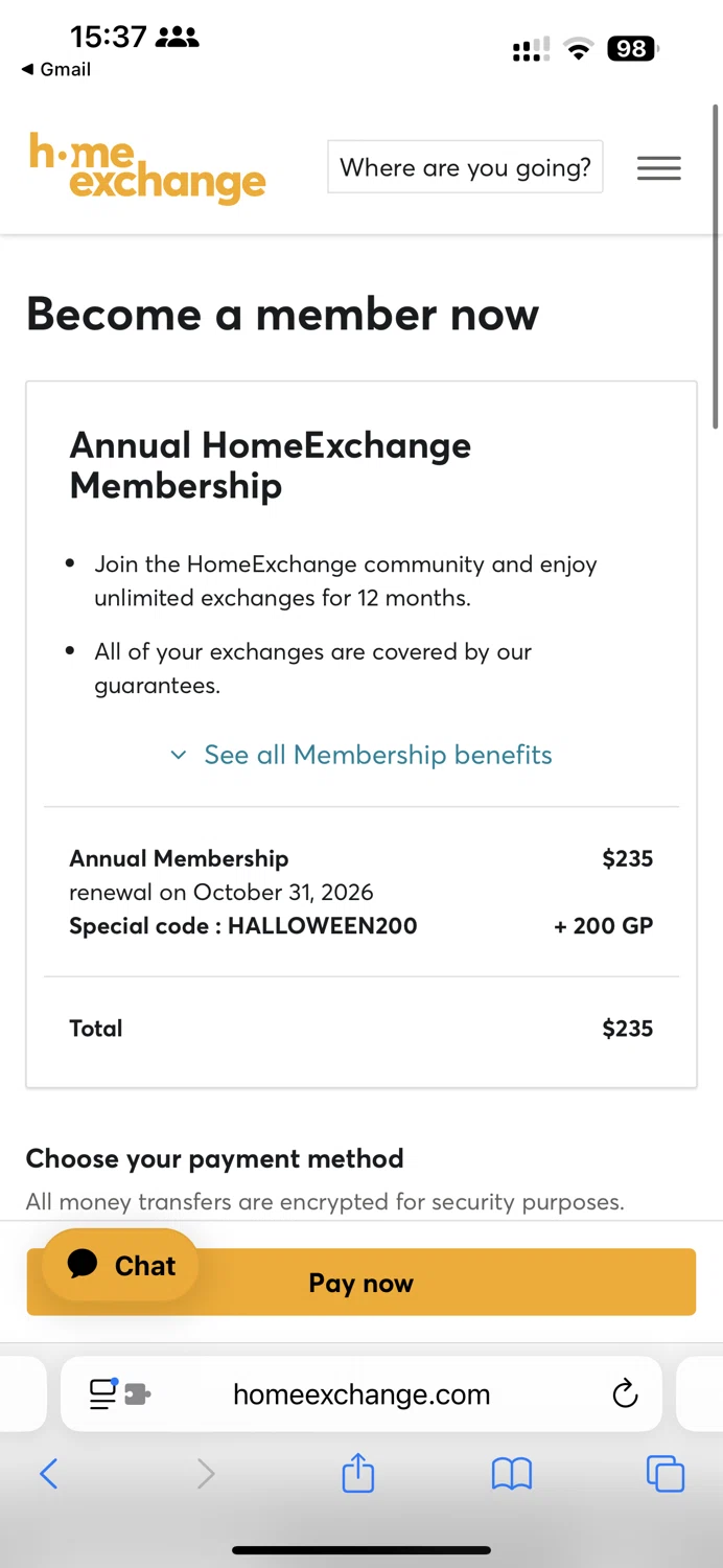 HomeExchange.com checkout page showing HomeExchange.com promo code box | Screenshot taken by SimplyCodes community member on Oct 31, 2025