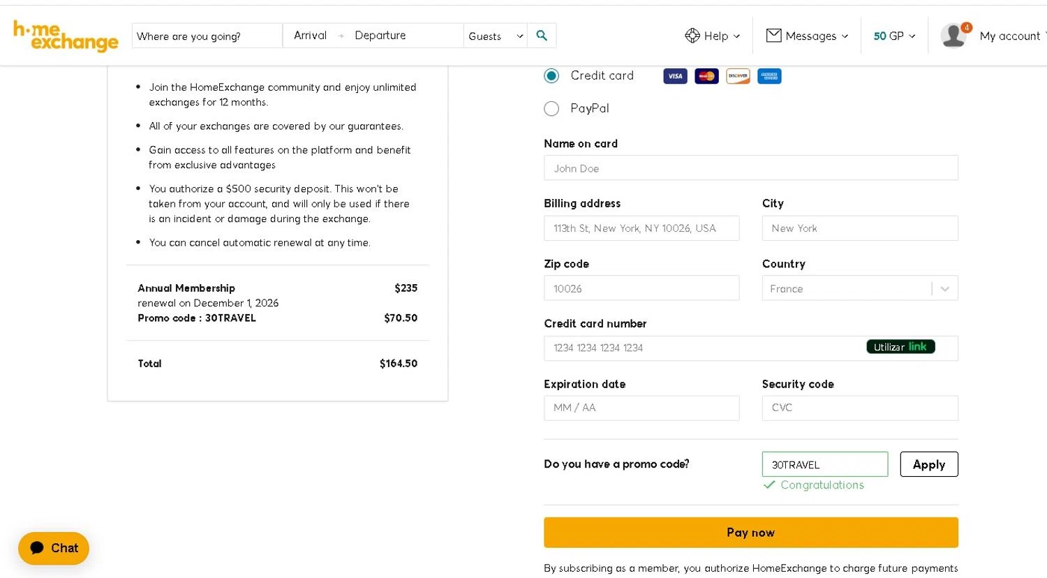 HomeExchange.com checkout page showing HomeExchange.com promo code box | Screenshot taken by SimplyCodes community member on Dec 1, 2025