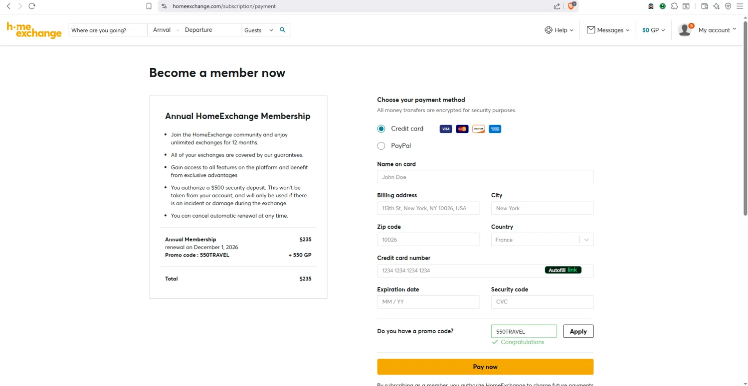 HomeExchange.com promo code screenshot showing code 550TRAVEL applied at HomeExchange.com checkout page. Uploaded by SimplyCodes community member dayselis15 on Dec 1, 2025
