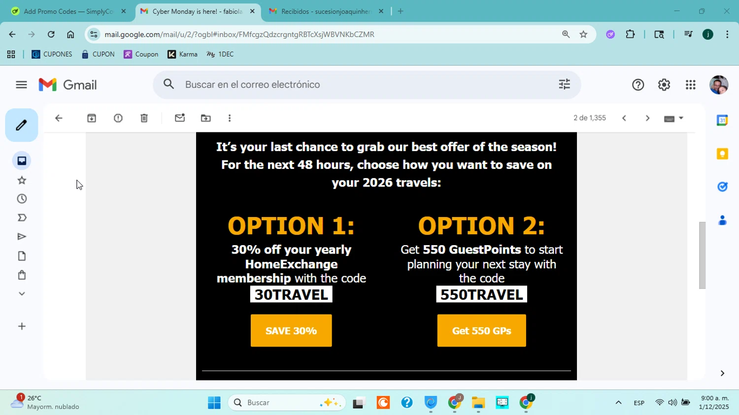 HomeExchange.com promo code screenshot showing code 550TRAVEL applied at HomeExchange.com checkout page. Uploaded by SimplyCodes community member jorgejavierherrera on Dec 1, 2025