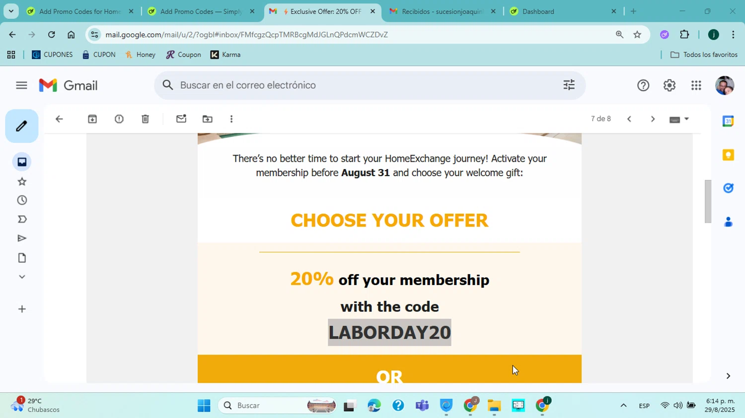 HomeExchange.com promo code screenshot showing code LABORDAY20 applied at HomeExchange.com checkout page. Uploaded by SimplyCodes community member jorgejavierherrera on Aug 29, 2025