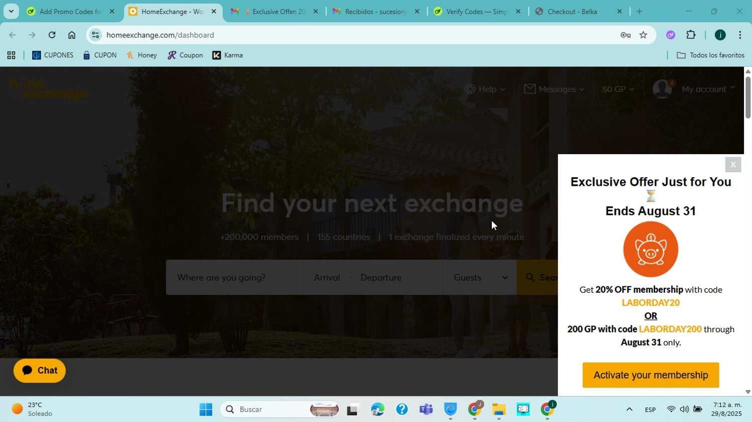 HomeExchange.com promo code screenshot showing code LABORDAY20 applied at HomeExchange.com checkout page. Uploaded by SimplyCodes community member jorgejavierherrera on Aug 29, 2025