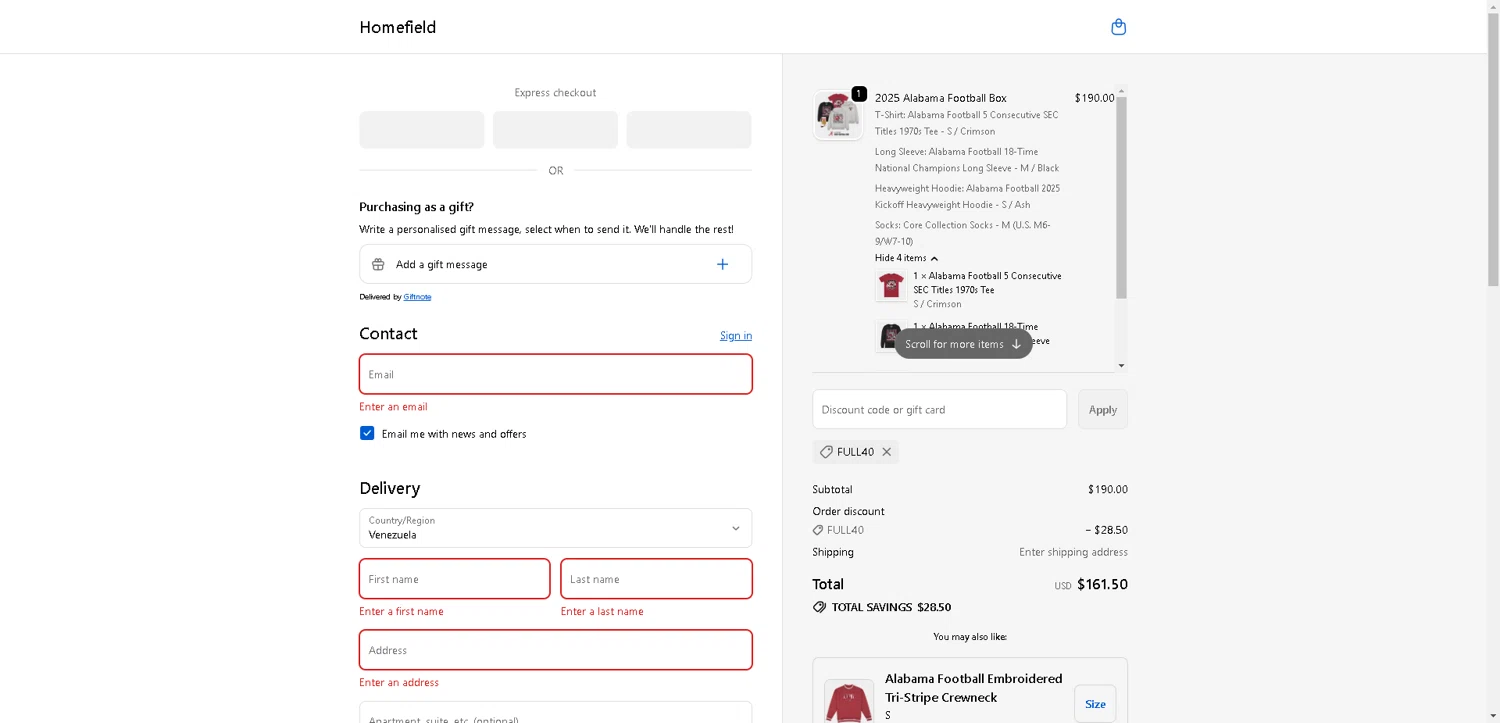 Homefield Apparel discount code screenshot showing code FULL40 applied at Homefield Apparel checkout page. Uploaded by SimplyCodes community member ExtraordinaryMaven3628 on Nov 17, 2025