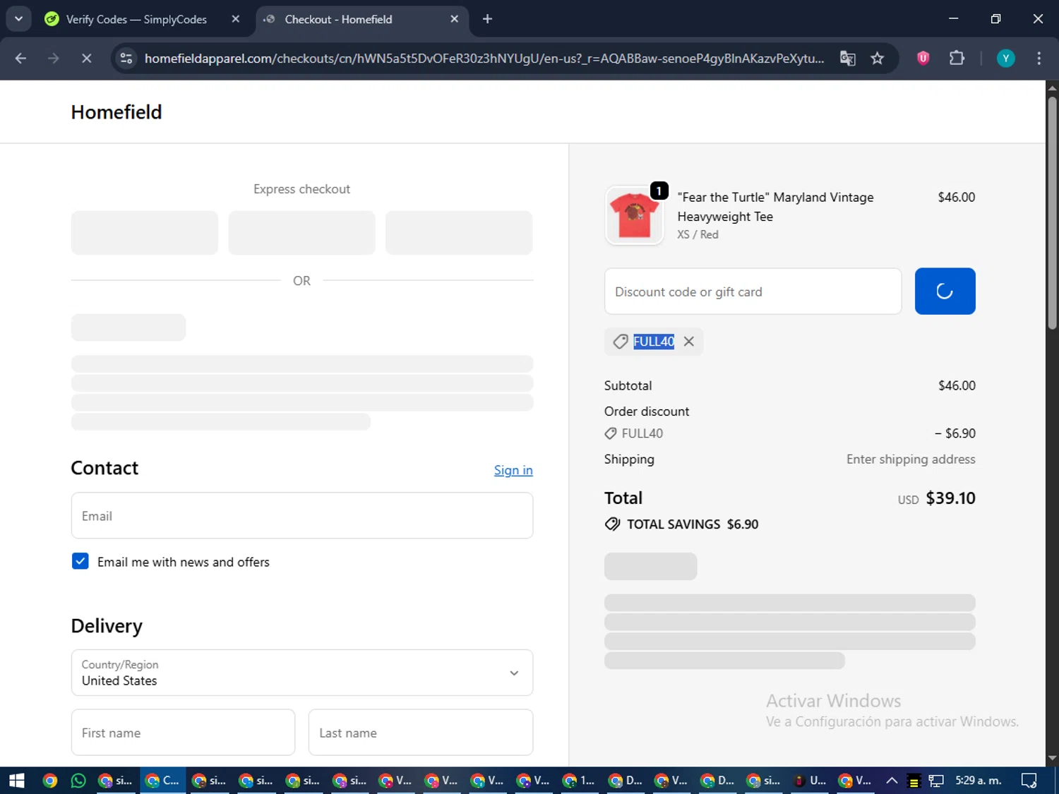 Homefield Apparel discount code screenshot showing code FULL40 applied at Homefield Apparel checkout page. Uploaded by SimplyCodes community member RoyalEagle4794 on Nov 22, 2025