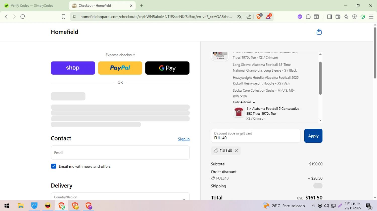 Homefield Apparel discount code screenshot showing code FULL40 applied at Homefield Apparel checkout page. Uploaded by SimplyCodes community member ylleneromero on Nov 22, 2025