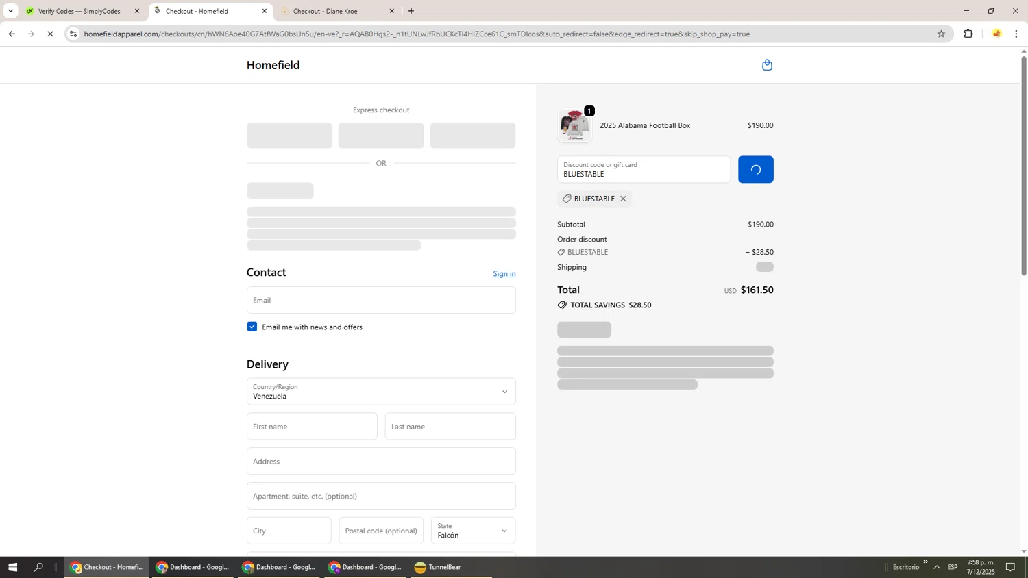 Homefield Apparel discount code screenshot showing code BLUESTABLE applied at Homefield Apparel checkout page. Uploaded by SimplyCodes community member Richard251 on Dec 7, 2025