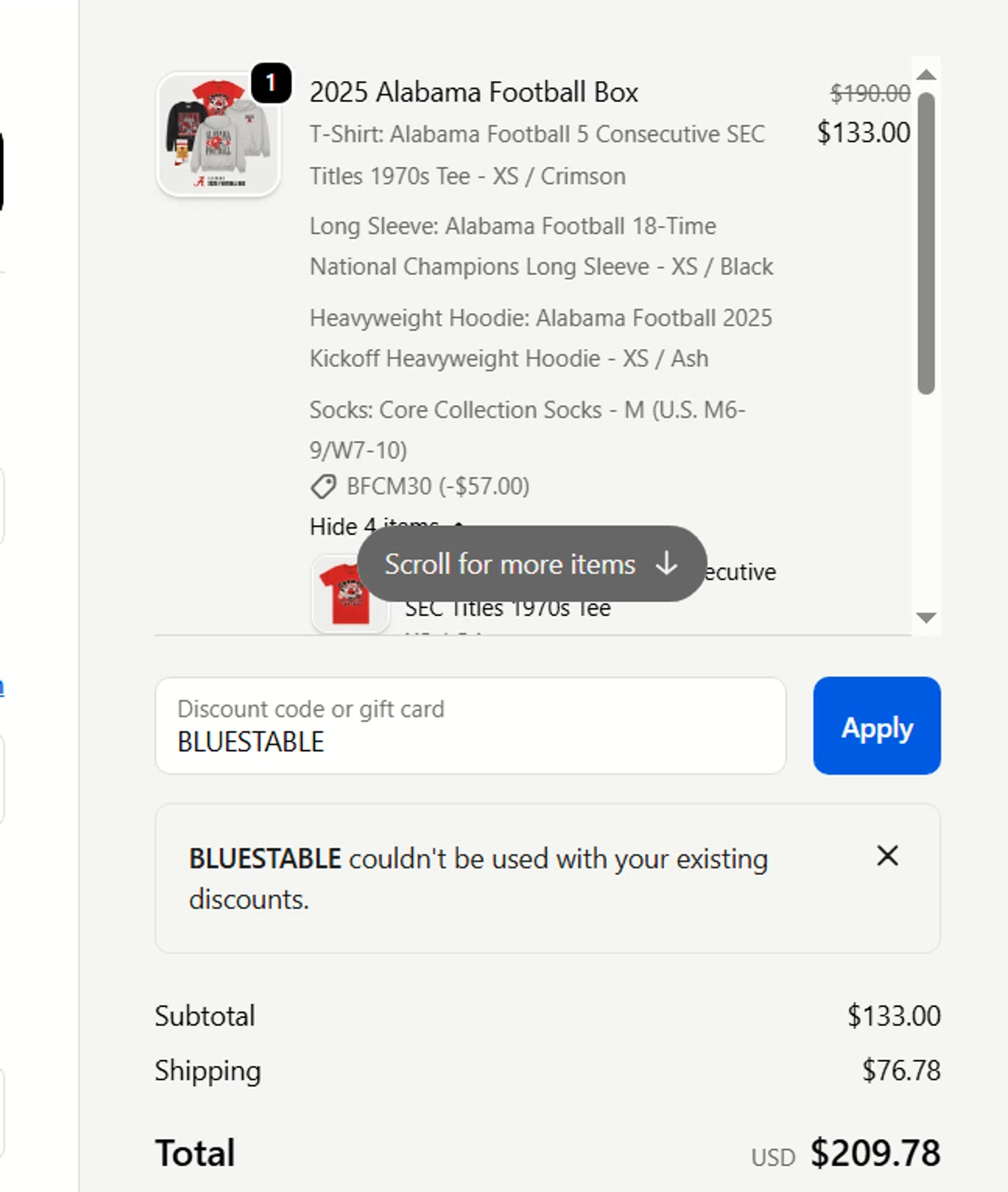 Homefield Apparel discount code screenshot showing code BLUESTABLE applied at Homefield Apparel checkout page. Uploaded by SimplyCodes community member Sova_Valorant on Nov 27, 2025