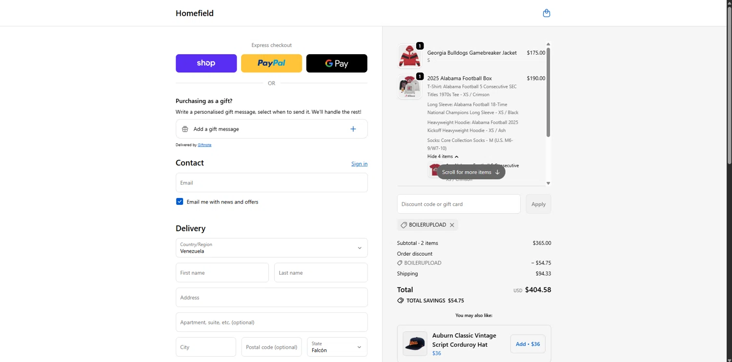 Homefield Apparel discount code screenshot showing code BOILERUPLOAD applied at Homefield Apparel checkout page. Uploaded by SimplyCodes community member Carlosramirez09 on Dec 7, 2025