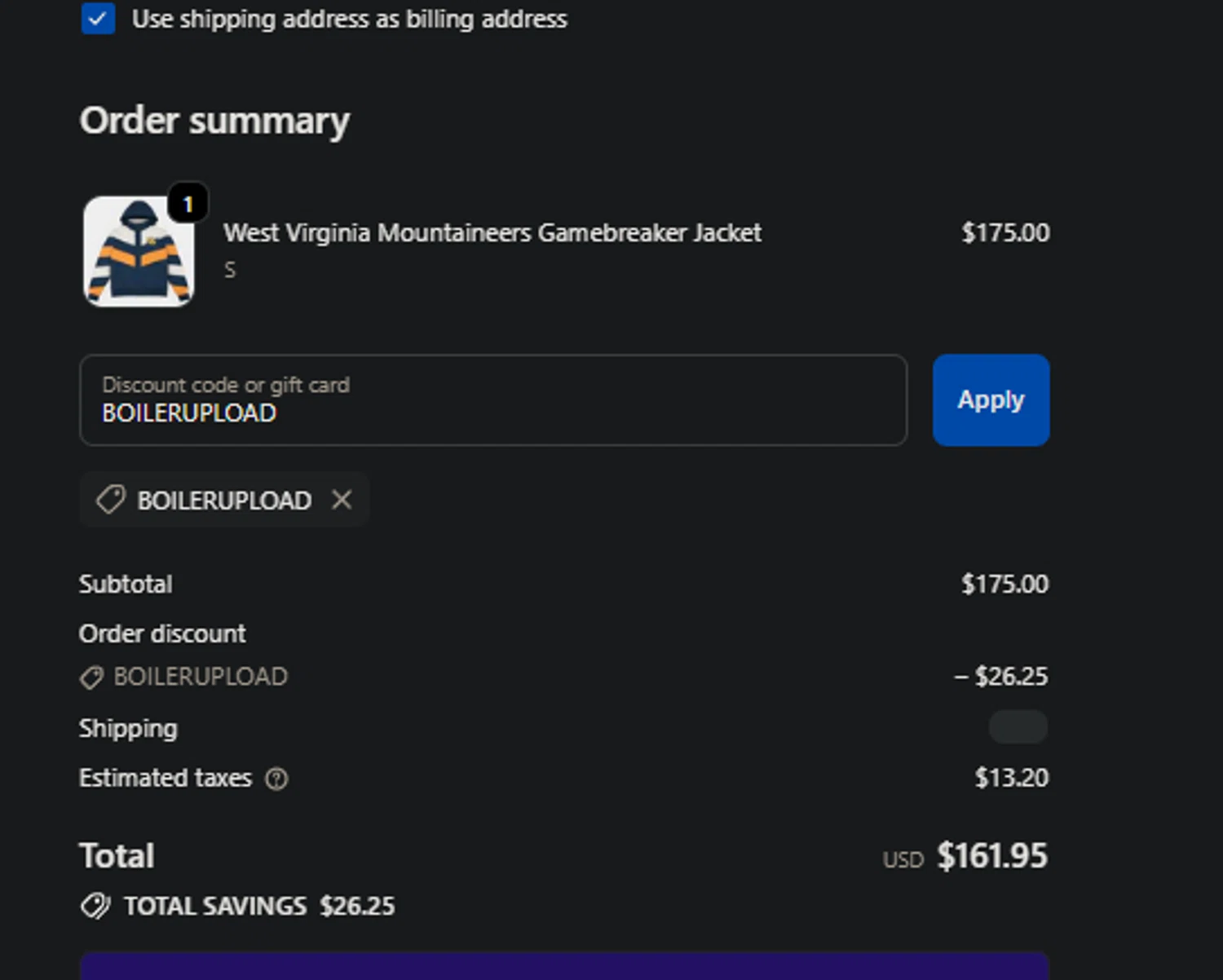 Homefield Apparel discount code screenshot showing code BOILERUPLOAD applied at Homefield Apparel checkout page. Uploaded by SimplyCodes community member FIREINTHEHOLE on Nov 22, 2025