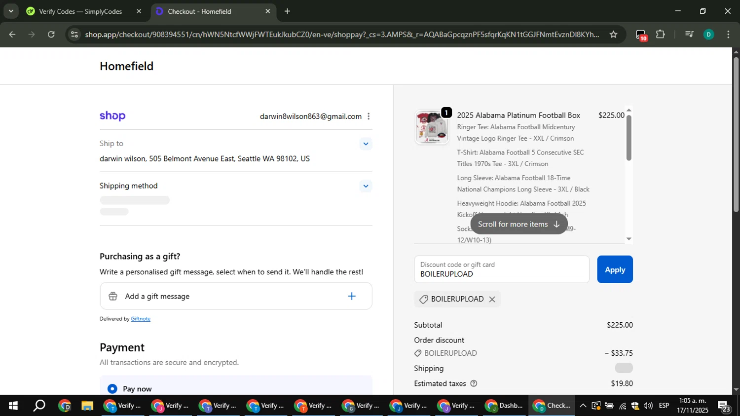 Homefield Apparel discount code screenshot showing code BOILERUPLOAD applied at Homefield Apparel checkout page. Uploaded by SimplyCodes community member ThriftyLion6776 on Nov 17, 2025