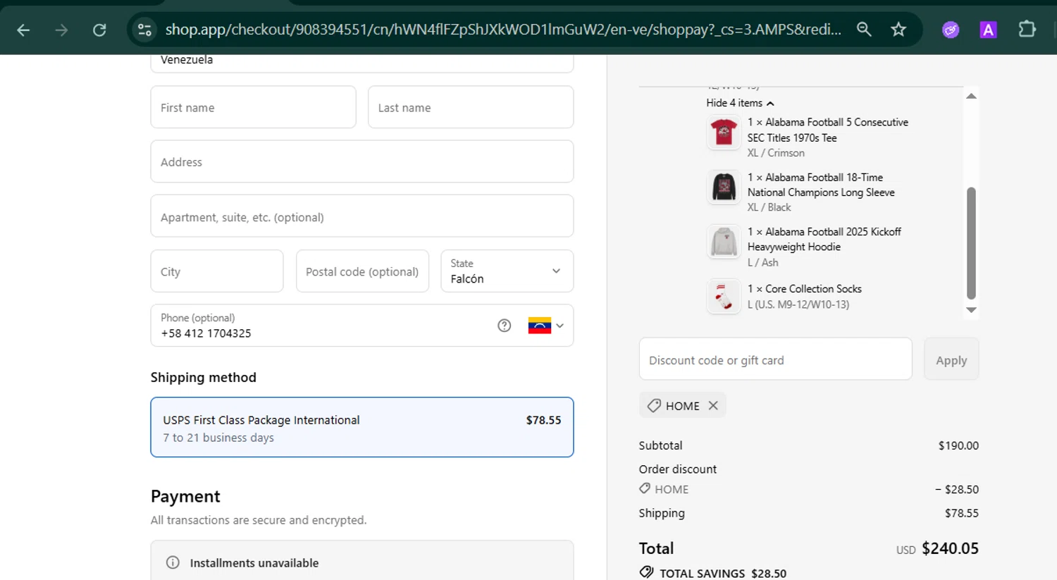 Homefield Apparel discount code screenshot showing code HOME applied at Homefield Apparel checkout page. Uploaded by SimplyCodes community member MARCVH on Oct 29, 2025