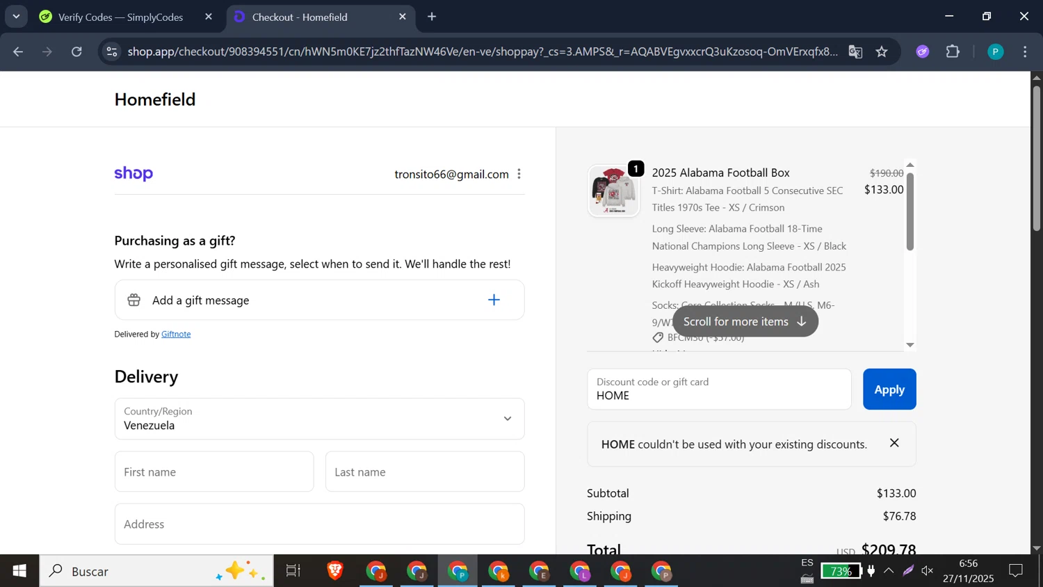 Homefield Apparel discount code screenshot showing code HOME applied at Homefield Apparel checkout page. Uploaded by SimplyCodes community member doriangel3 on Nov 27, 2025