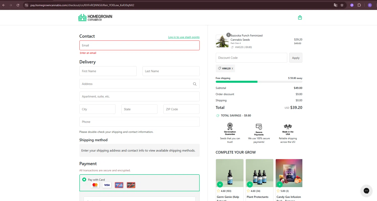 Homegrown Cannabis checkout page showing Homegrown Cannabis promo code box | Screenshot taken by SimplyCodes community member on Jan 11, 2026