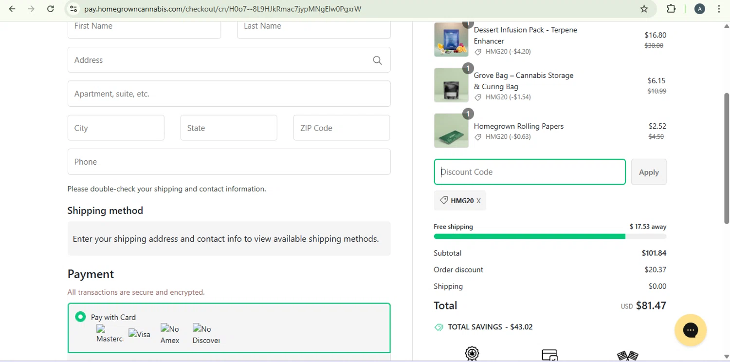Homegrown Cannabis promo code screenshot showing code HMG20 applied at Homegrown Cannabis checkout page. Uploaded by SimplyCodes community member SaleSentinel7319 on Nov 24, 2025