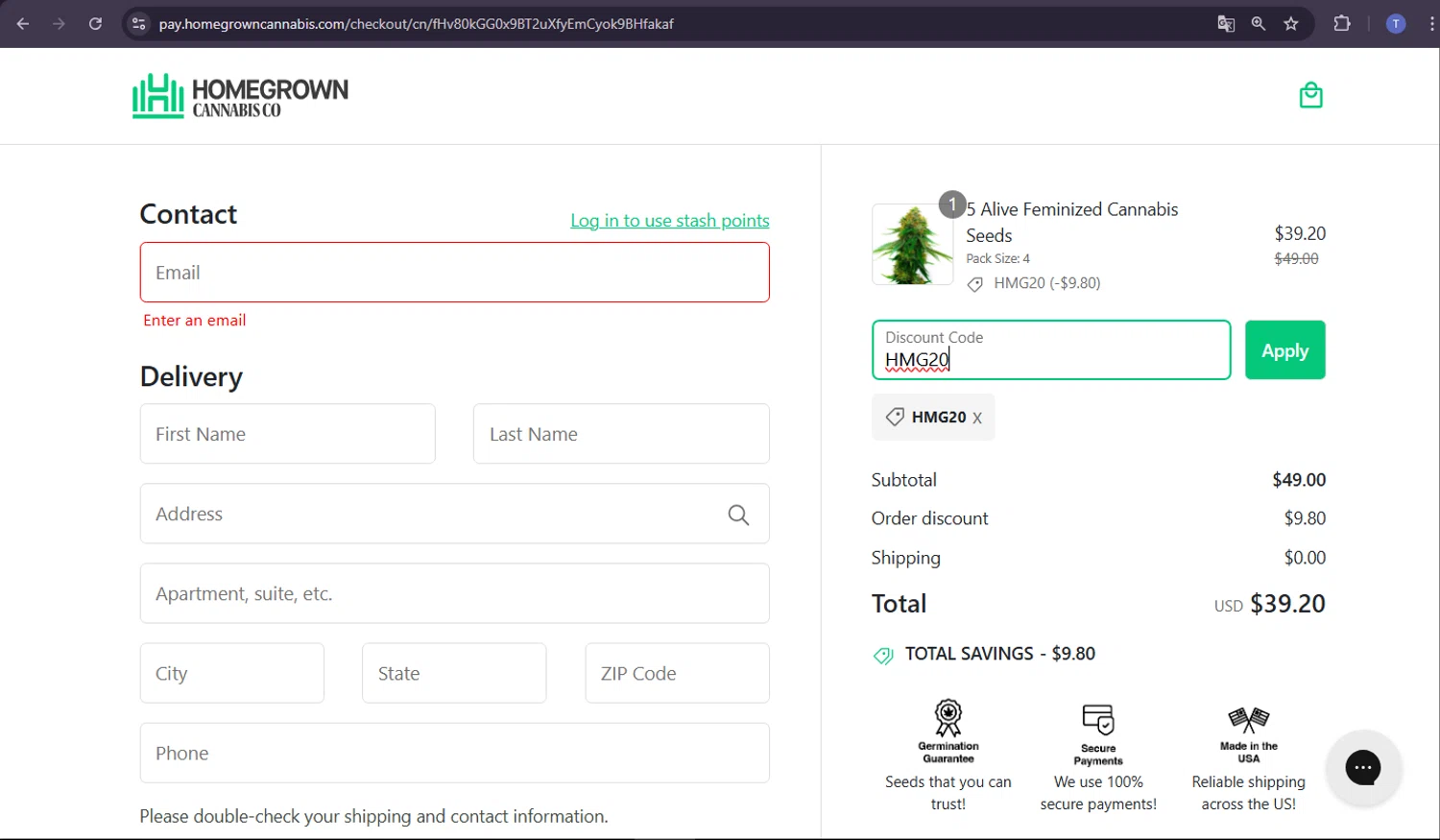 Homegrown Cannabis promo code screenshot showing code HMG20 applied at Homegrown Cannabis checkout page. Uploaded by SimplyCodes community member TRIBUENO on Aug 23, 2025