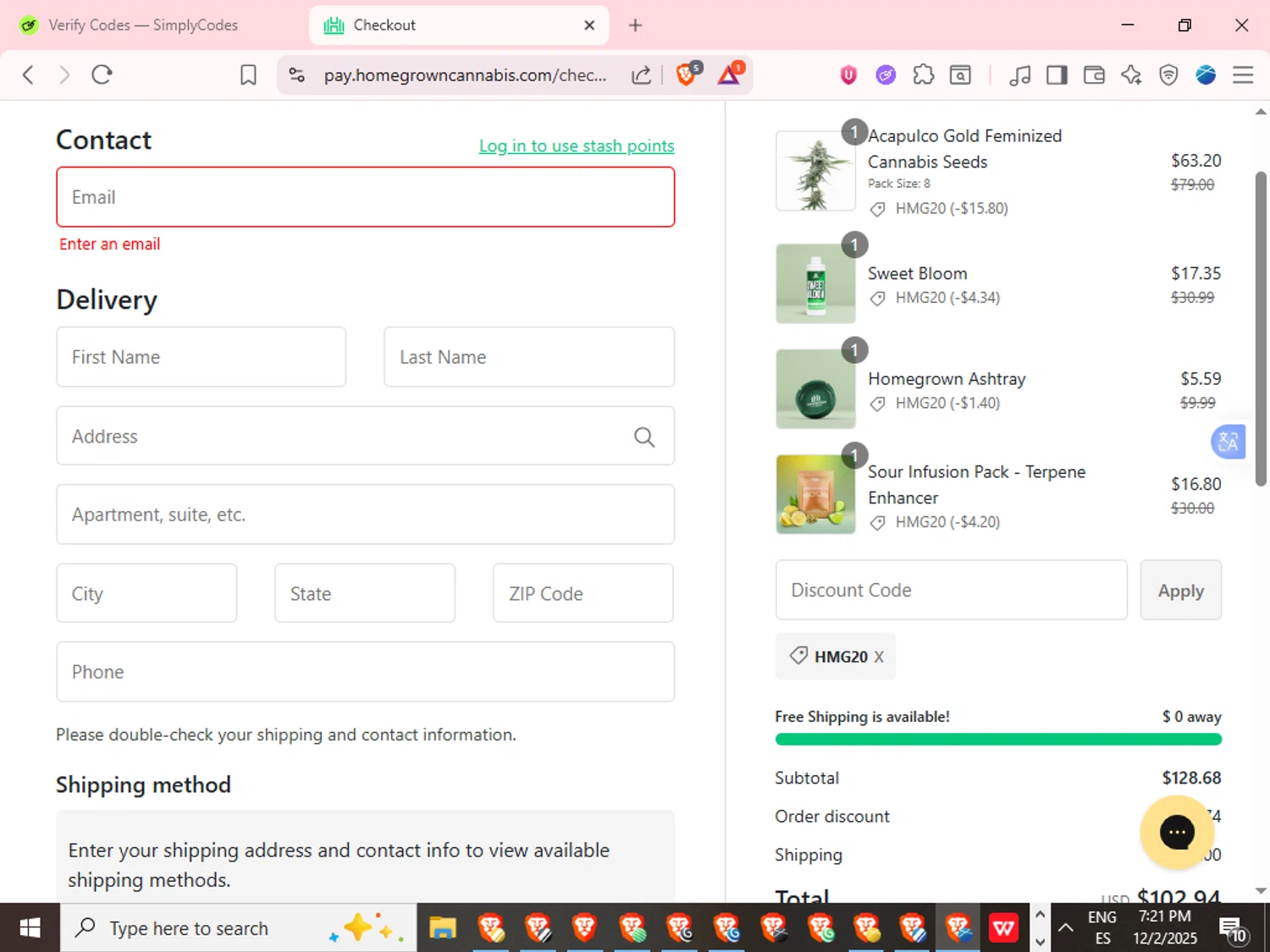 Homegrown Cannabis promo code screenshot showing code HMG20 applied at Homegrown Cannabis checkout page. Uploaded by SimplyCodes community member TokenPilot3367 on Dec 2, 2025