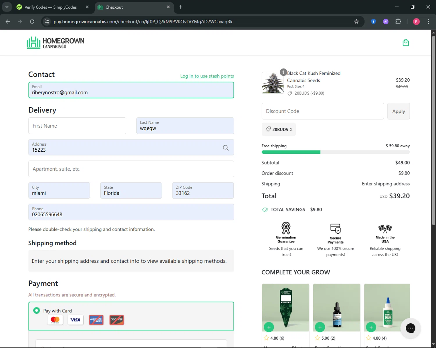 Homegrown Cannabis promo code screenshot showing code 20BUDS applied at Homegrown Cannabis checkout page. Uploaded by SimplyCodes community member ThriftyGuardian8485 on Nov 9, 2025
