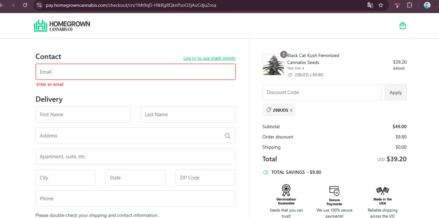 Homegrown Cannabis promo code screenshot showing code 20BUDS applied at Homegrown Cannabis checkout page. Uploaded by SimplyCodes community member elgatobravo on Sep 9, 2025