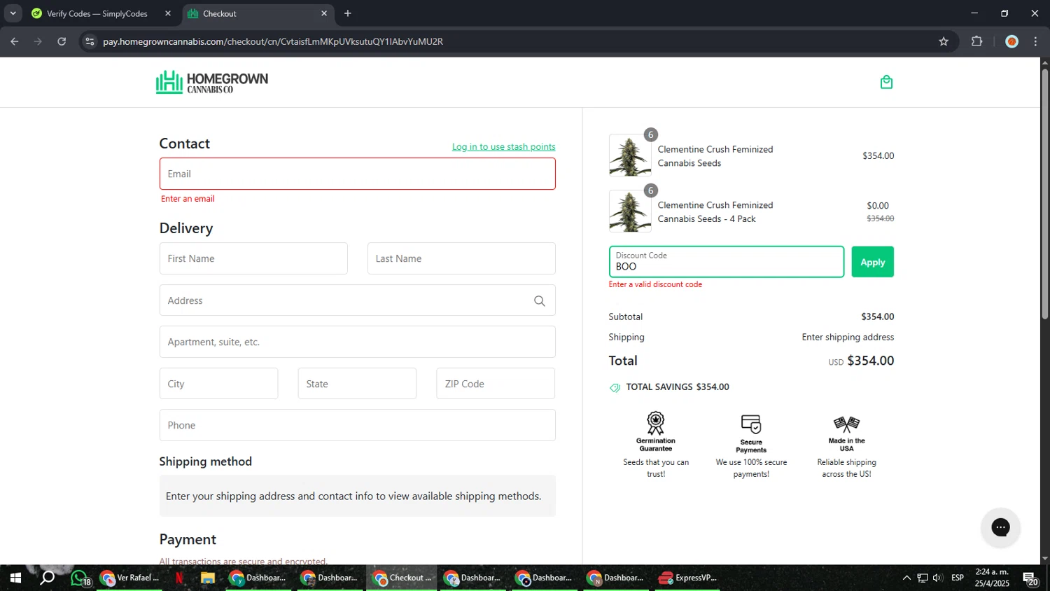 Homegrown Cannabis promo code screenshot showing code BOO applied at Homegrown Cannabis checkout page. Uploaded by SimplyCodes community member BonusCaptain9927 on Apr 25, 2025
