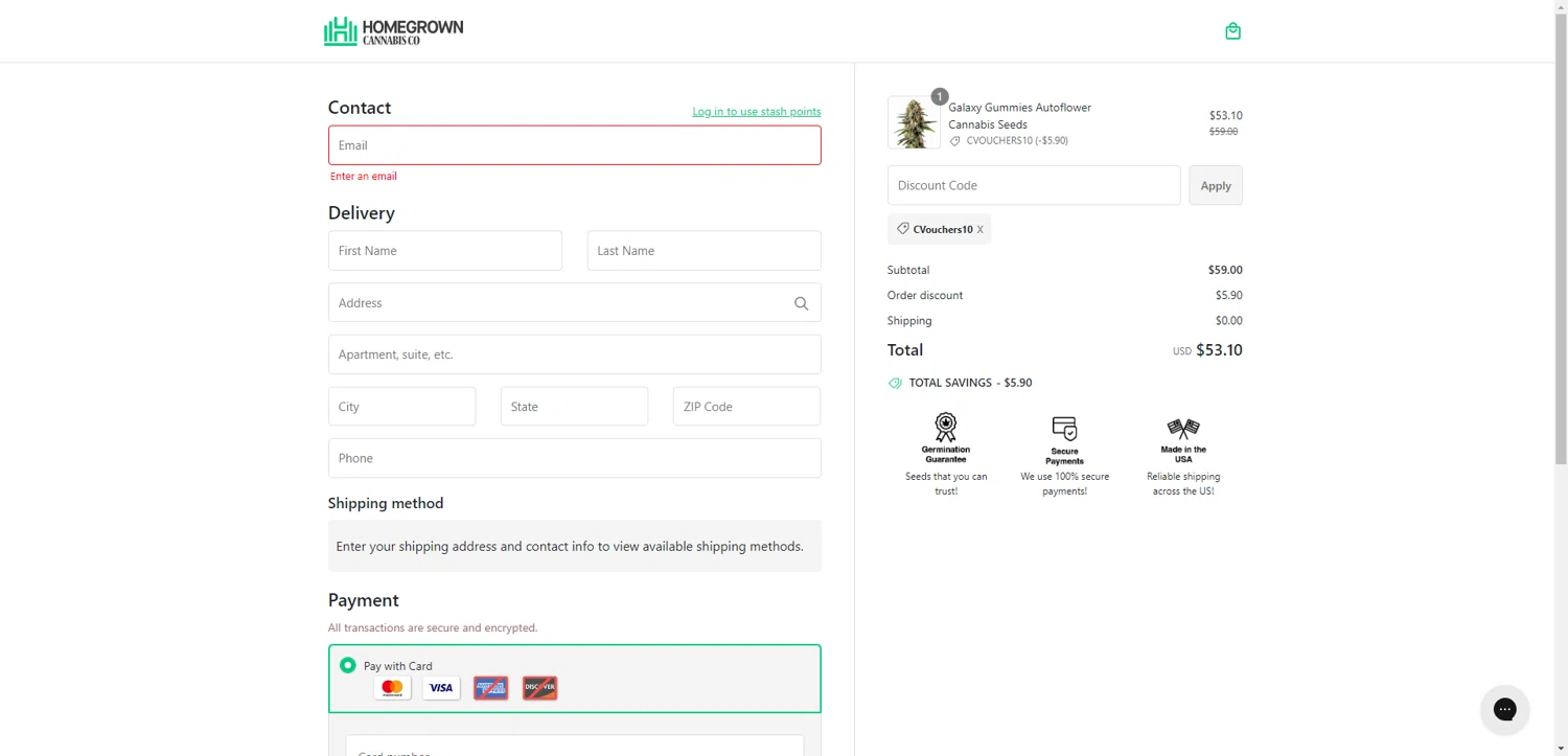 Homegrown Cannabis promo code screenshot showing code CVouchers10 applied at Homegrown Cannabis checkout page. Uploaded by SimplyCodes community member EpicEagle816 on Jul 9, 2025