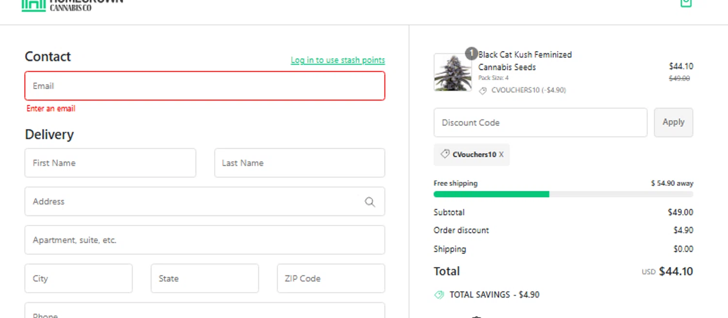 Homegrown Cannabis promo code screenshot showing code CVouchers10 applied at Homegrown Cannabis checkout page. Uploaded by SimplyCodes community member Toundji on Nov 14, 2025