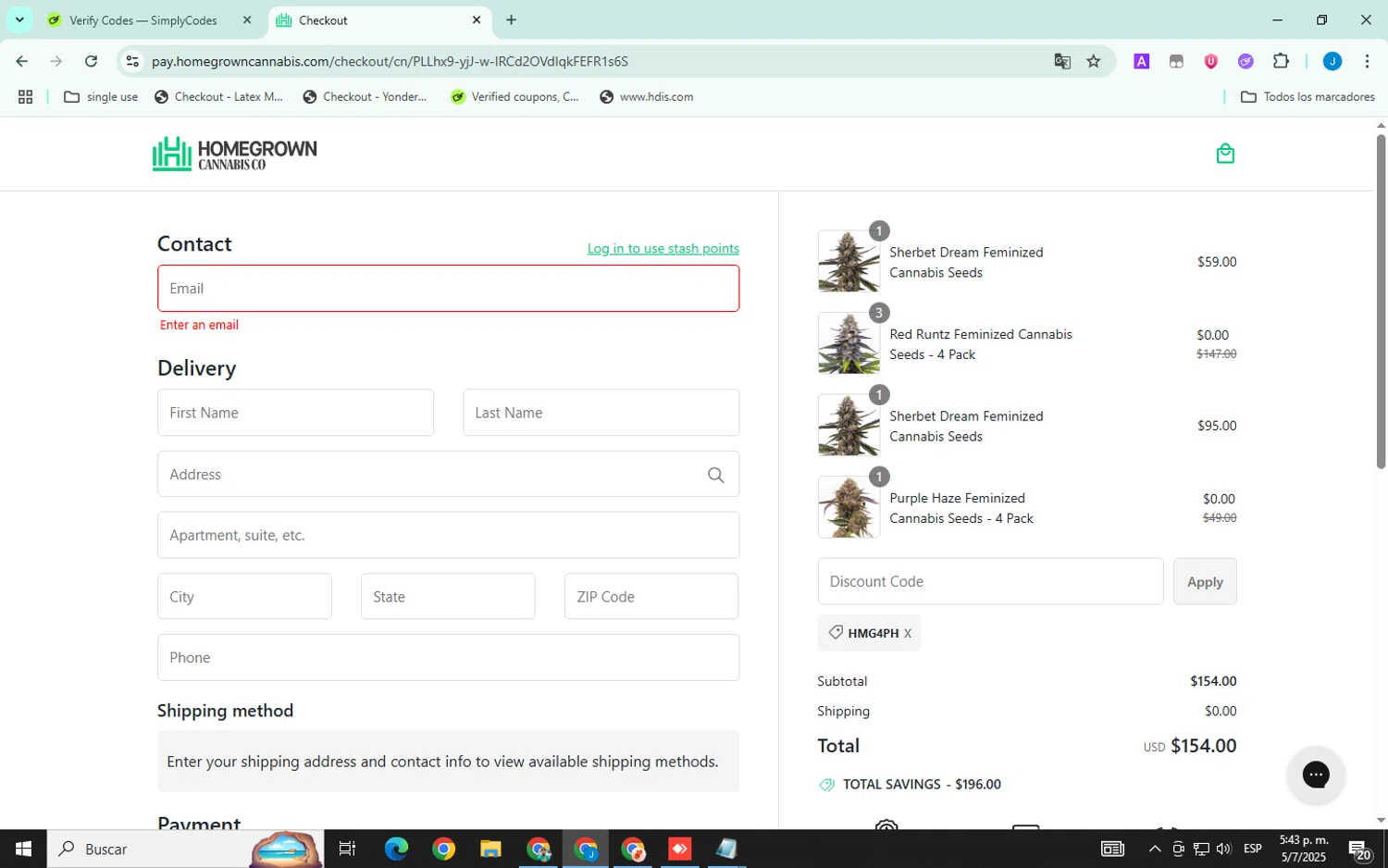 Homegrown Cannabis promo code screenshot showing code HMG4PH applied at Homegrown Cannabis checkout page. Uploaded by SimplyCodes community member ELVERGALARGA on Jul 5, 2025