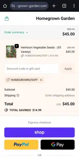 HOMEGROWN25OFF coupon verification screenshot