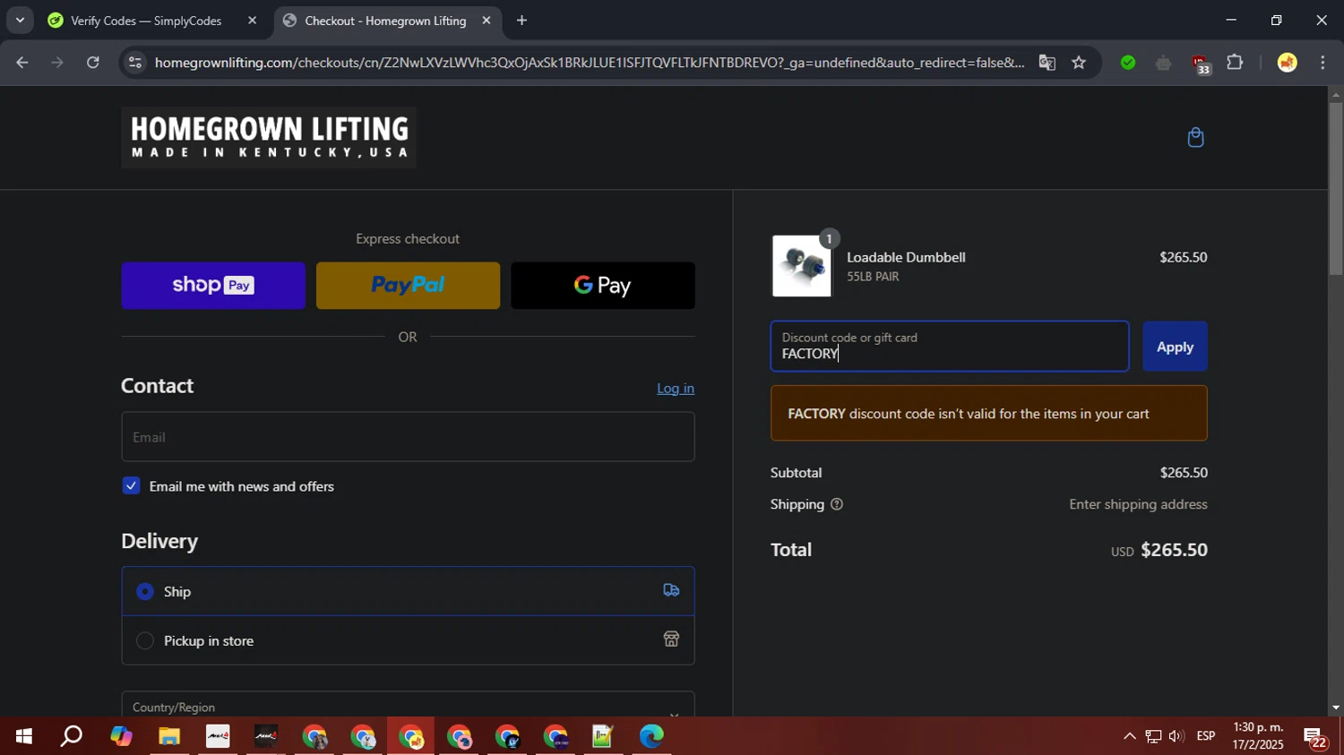 HomeGrown Lifting discount code screenshot showing code FACTORY applied at HomeGrown Lifting checkout page. Uploaded by SimplyCodes community member GoldSaver3857 on Feb 17, 2025